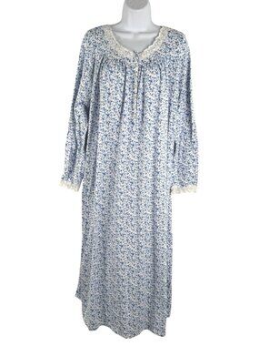 Eileen West Nightgown Medium Floral White Blue Lace Long Sleeve Sleep DR-1869